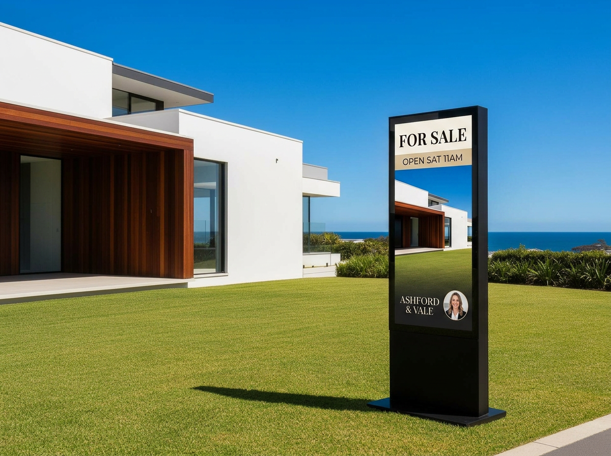Curb sign at a luxury coastal home in bright midday sun, screen showing the property listing