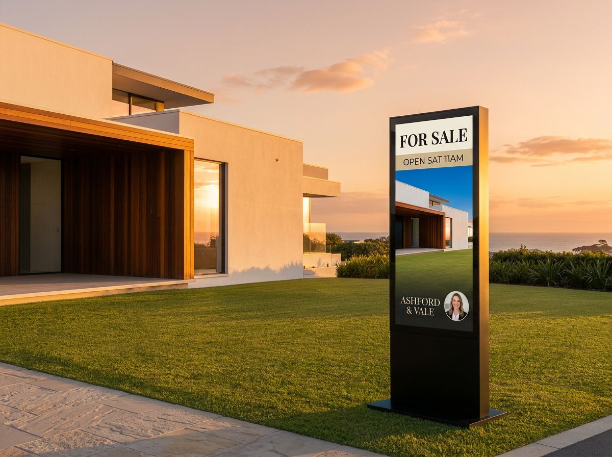 Curb sign at a luxury coastal home at golden hour, screen showing the property listing