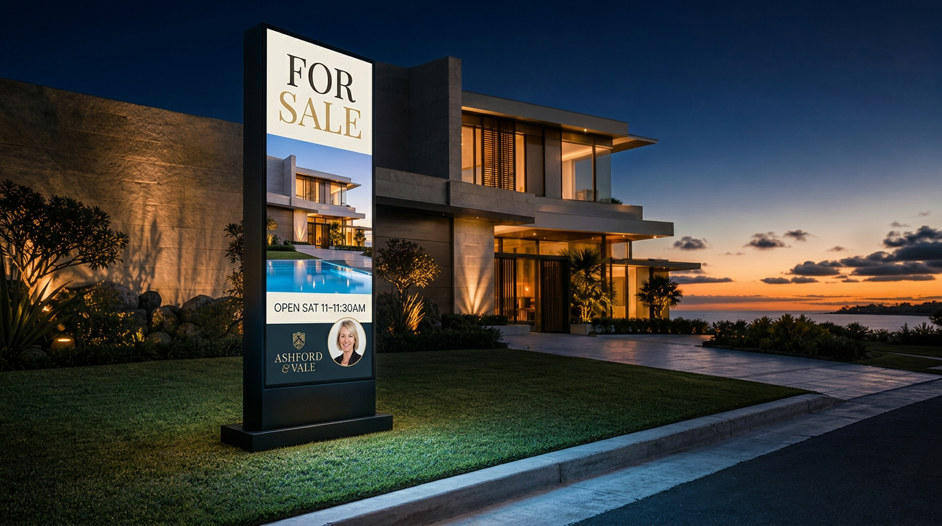 Curb digital signage totem on the lawn of a luxury coastal home at twilight