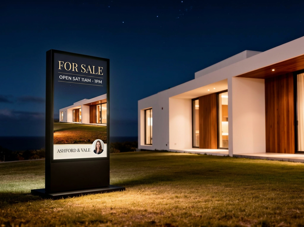 Curb sign at a luxury coastal home glowing at night, screen showing the property listing